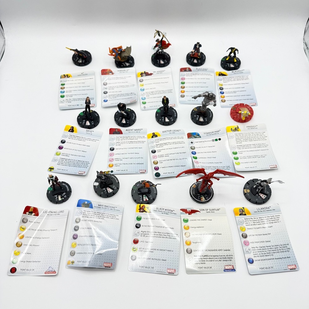 Heroclix Marvel Uncommon, Super Rare,‎ Unique Mixed Lot of 15 with Cards Lot K